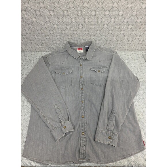 Men’s Wrangler Gray Long Sleeve Flap Pockets Pearl Snap Denim Shirt Size 2XL‎ - Picture 1 of 7